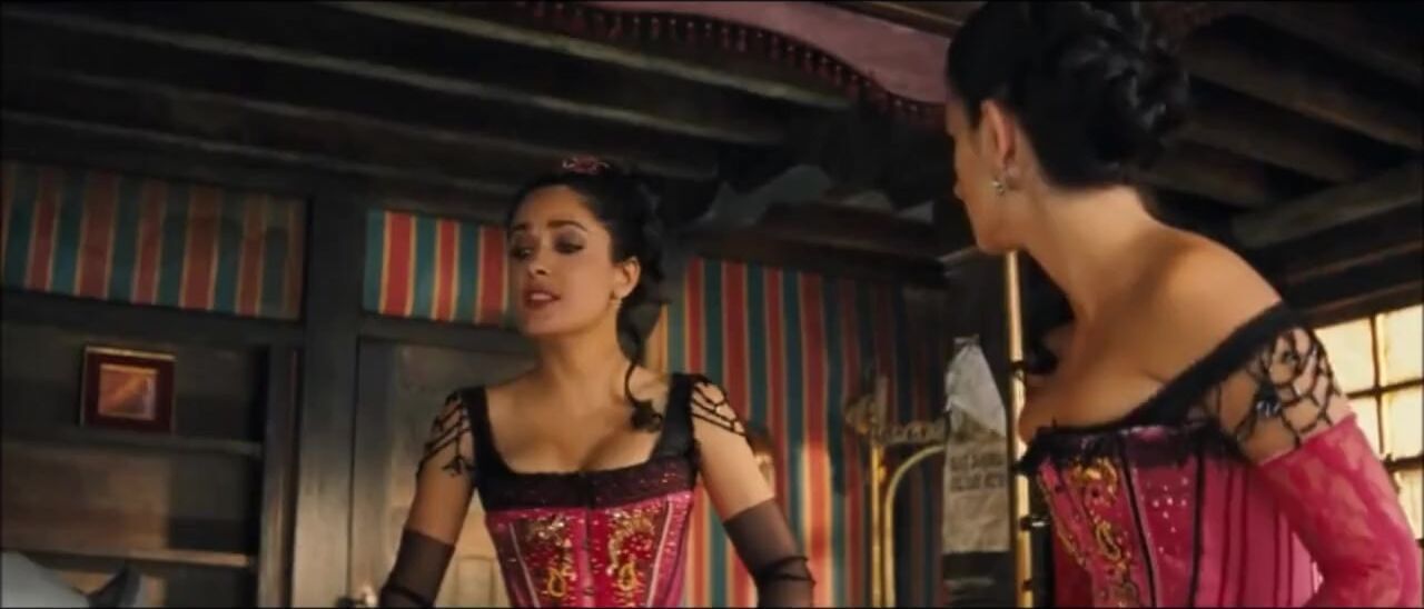 Lovers Mexican charmer Salma Hayek and Spanish Penelope Cruz in corsets in group sex scene Time