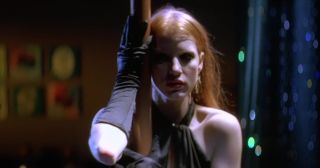 Public Jessica Chastain moves around pole and pulls dress down showing boobies in Jolene (2008) Wet Pussy